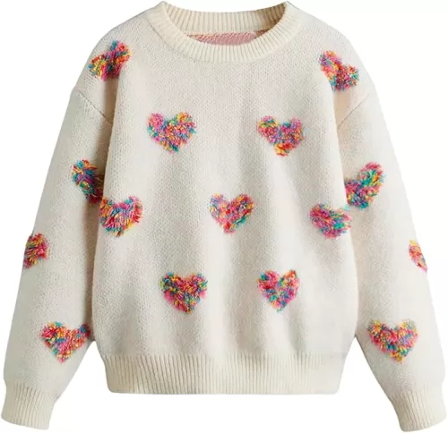 Floerns Girls Casual Heart Patched Cute Crewneck Long Sleeve Pullover Sweater Jumper Tops