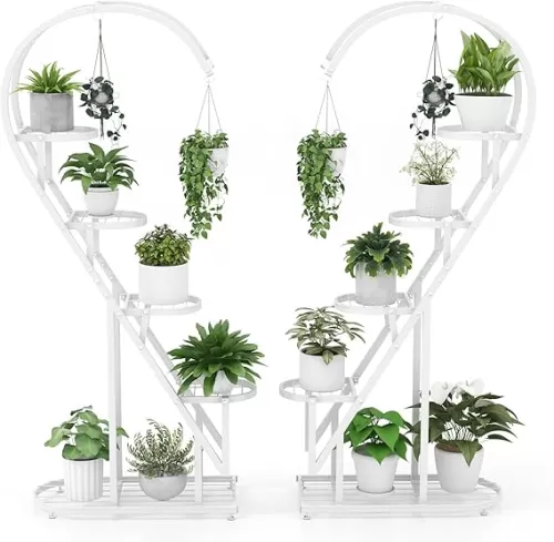 Giantex 5 Tier Metal Plant Stand Indoor, Creative Heart-shaped Ladder Plant Shelf with Hanging Hook for Multiple Plants, Tiered Flower Display Shelf, Tall Plant Stand for Valentine's Day Home Holiday