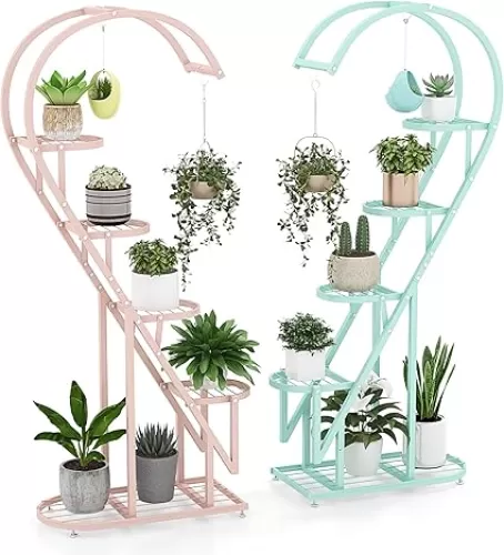 GOFLAME Metal Plant Stand Indoor Outdoor, 5 Tier Heart-shaped Ladder Plant Holder with Hanging Hooks for Multiple Plants, Large Display Shelf Rack for Home, Patio, Balcony, Garden, 2 Pack, Pink & Blue