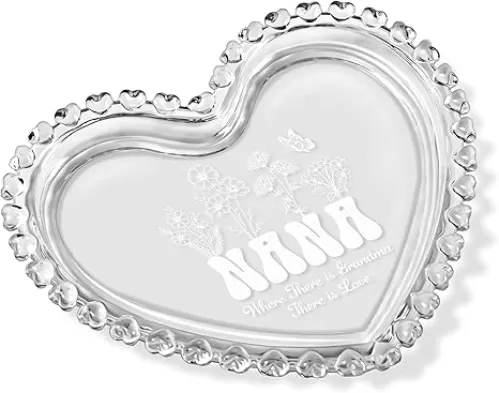Grandma Gift Heart-Shaped Glass Laser Engraved Jewelry Tray for Grandma Gift for Birthday, Mother Day, Thanksgiving, Christmas, and Any Special Occasion