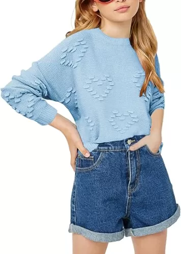 Haloumoning Girls Cute Heart Love Print Sweater Tops Oversized Crew Neck Dot Ball Knitted Valentine Pullover 5-14 Years