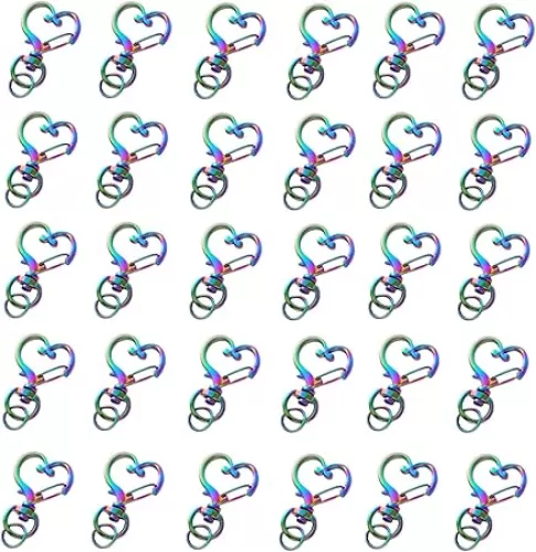 HAN SHENG 30 Pcs Metal Heart Design Spring Snap Keychain Clip Creative Hanging Buckle Key Ring DIY Key Chains Accessories (Rainbow)