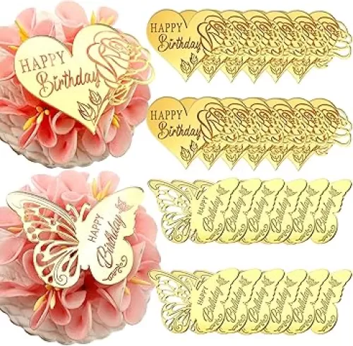 Happy Birthday Cake Decorations, 24 Pieces Gold Mirror Acrylic Toppers, Rose Heart and Butterfly Designs