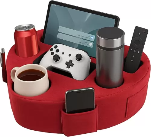 Heart-Shaped 8-in-1 Bed & Couch Cup Holder, Sofa Organizer Caddy Holds Phone, Tablet/iPad, TV Remote, Gaming Console, Mug - Drinks Cupholder Tray - Buddy Pillow Gift for Women & Couples, Red