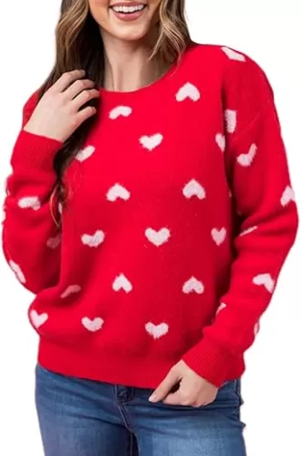 Heart Sweater for Women Long Sleeve Kawaii Knitted Crewneck Pullover Sweaters Cute Valentines Sweater