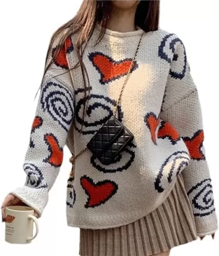 Heart Sweater for Women Oversized Cute Kawaii Sweater Knit Long Sleeve Pullover Soft Loose Fit Warm Sweater