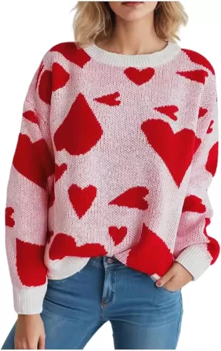 Heart Sweater for Women Oversized Knitted Love Graphic Long Sleeve Pullover Pink Heart Valentines Sweater Top