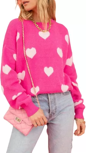 Heart Sweater for Women Valentines Cute Print Crewneck Long Sleeve Oversized Love Sweaters Knit Pullover Tops