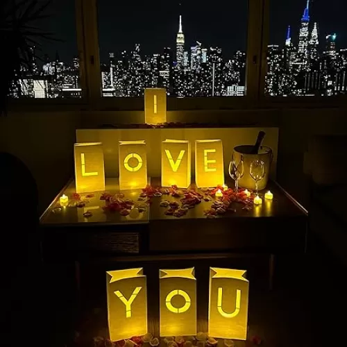 I Love You Light Up Letters with Tea Lights Candles and Rose Petals Included - Luminary Paper Bags to be Used as Anniversary Decorations and Valentines' Day Decorations for Your Loved One