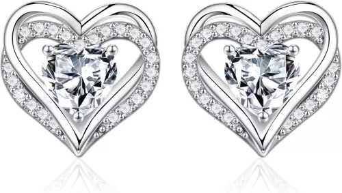 Iefil Birthstone Earrings for Women, S925 Sterling Silver Birthstone Heart Stud Earrings Birthday Gifts for Women