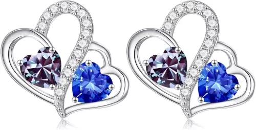 Iefil Birthstone Earrings Gift for Women - 925 Sterling Silver Double Heart Birthstone Earrings | Anniversary Birthday Gifts for Women | Personalized Jewelry Gift for Wife Mom
