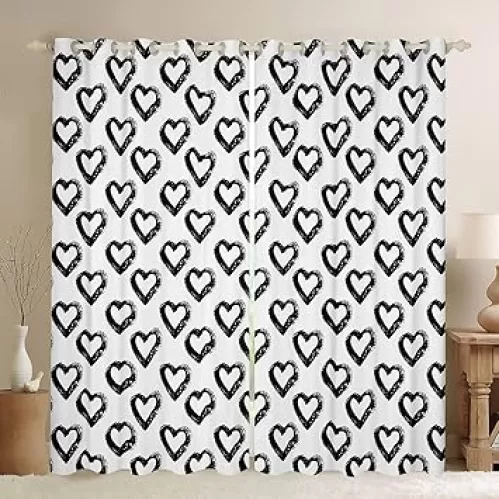 jejeloiu Heart Love (2 Panels, 38 x 54 Inch) Darkening Drapes Geometry Love Pattern Curtains for Bedroom Living Room Kids Ultra Soft Modern 30%-50% Blackout Curtains Black White Window Treatments