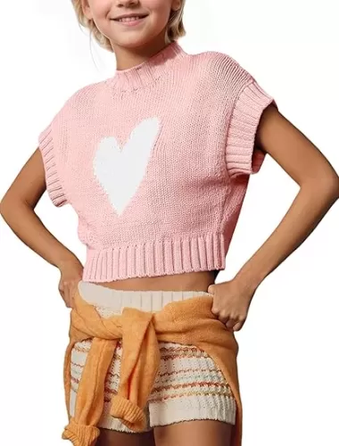 JiAmy Girls Summer Crop Tops Cap Sleeve Mock Neck Sweater Vest Cute Heart Knit Tank Tops Loose Casual Pullover