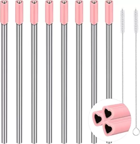 Jutom 8 Pack Heart Shaped Stainless Steel Straws with Silicone Tips Reusable Heart Straws Cute with 2 Cleaning Brushes for Hot Cold Drink Bridal Shower Wedding (Pink)