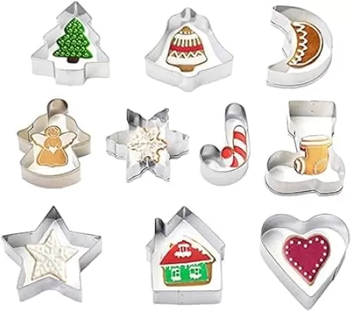 KAISHANE Mini Christmas Cookie Cutters Set of 10 - Small Stainless Steel Christmas Biscuit Cutters Shapes Snowflake, Bell, Christmas Tree, Star, Moon, Angle, Heart & More For Baking Xmas