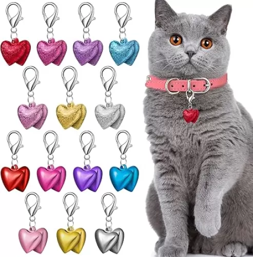 Kajaia 14 Set Pet Bells for Dog Cat Heart Cat Collar Charm Pet Pendant Accessories Colorful for Kittens Dogs with Stainless Steel Keychain Small Animal Gifts, 7 Colors, Glossy and Matte
