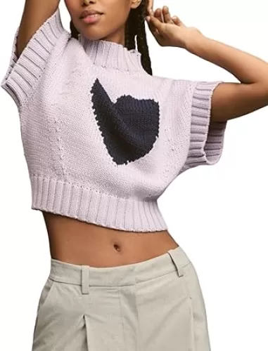 Kedera Womens Heart Short Sleeve Sweaters Pullover Shirt Tops Crew Neck Lightweight Ribbed Knit Sweater Blouses