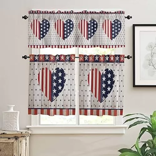 Kitchen Curtain Valance and Tiers Set of 3 Rustic Country Barn Wood Door Flag Stars with Love Heart Navy, Red 36 Inch Length Rod Pocket Window Curtains Small Cafe Curtains for Bathroom Living Room