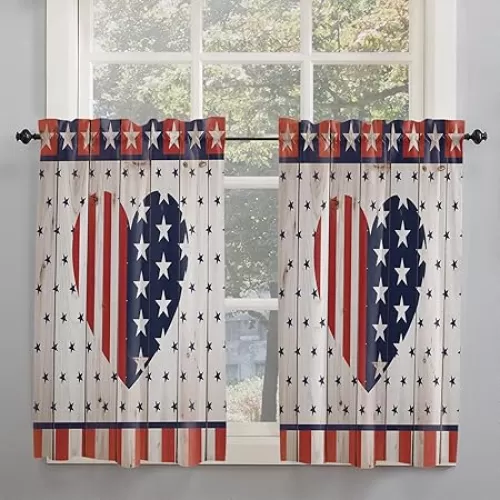 Kitchen Curtains for Windows 2 Panels Rustic Country Barn Wood Door Flag Stars with Love Heart Navy, Red Small Tiers Curtains with Rod Pocket Cafe Curtains for Bathroom Bedroom Living Room, 27.5" x 45"