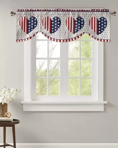 Kitchen Valance Tie Up Window Curtain, Rustic Country Barn Wood Door Flag Stars with Love Heart Navy, Red Valance Rod Pocket Tie-up Shade Adjustable Light Filter Curtain for Kitchen Living Room, 42x18in