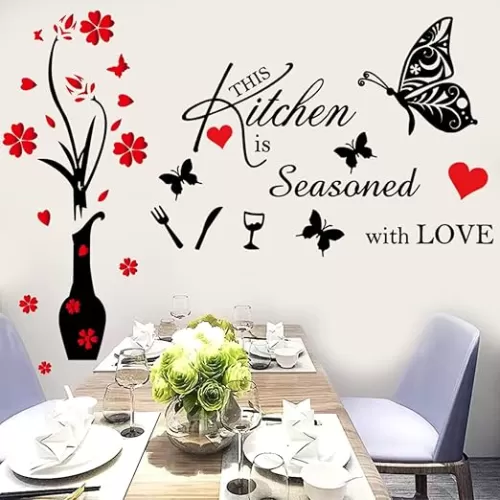 Kitchen Wall Decor Stickers Kitchen Quotes this Kitchen is Seasoned with Love Red Heart Butterfly Wall Sticker Removable Wall Decals Vase Wall Art Sticker for Dinning Room Kitchen Restaurants Home Wall Decorations.