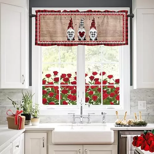 Kitchen Window Valance Valentine's Day Gnome Rod Pocket Short Curtain Panels Farm Love Heart Dwarf Valances Curtains, Retro Brown Wooden Plank Window Treatments Drapes for Living Room Bedroom Decor