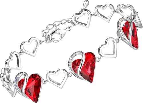 Leafael Valentine's Day Heart Link Bracelets for Women, Infinity Love Birthstone Crystal Charms or Healing Stones, Silver Plated Jewelry Gifts for Her, 7-inch Chain and 2-inch Extender