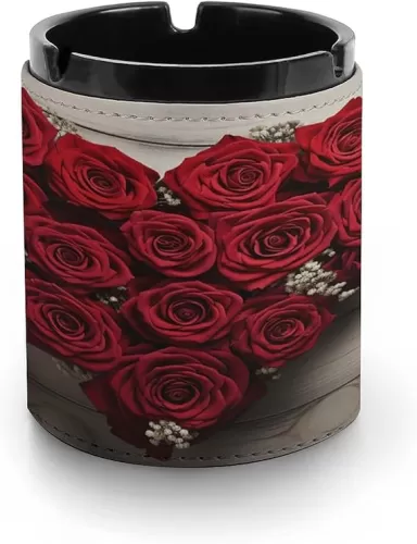 Leather Ashtray, Red Heart-Shaped Roses Print Outdoor Ashtrays, car Ashtray, cigarette Ash Tray for Home Office Car Decorative