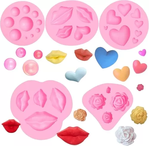Lips Chocolate Silicone Molds 5 Pcs, heart shaped half round beads small roses Fondant Mold for Cake Decoration Candy Sugar Cupcake Topper Cake Pop Valentine's Day Polymer Clay Crafts