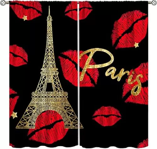 Lips Paris Curtains, Red Heart Fashion Romantic France Eiffel Tower Window Treatments, Thermally Insulated Drapes for Kids Girls Women Bedroom Living Room Bathroom 42x45in（No Blackout）