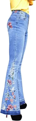 Lisskolo Bell Bottom Jeans for Women Flared Floral Embroidered Jean Wide Leg Denim Pants