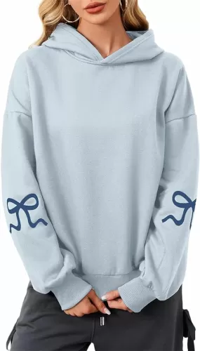 Livtany Women's Bow Trim Print Fleeced Hoodies Oversized Long Sleeve Hooded Sweatshirts Graphic Drop Shoulder Pullover Top
