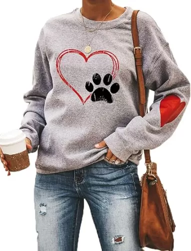 Love Heart Dog Paw Print Sweatshirts Women Long Sleeve Pullover Tops Casual Blouse Mother's Day Gray Medium