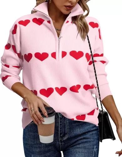 Love Heart Sweater Quarter Zip Sweater Women V Neck Valentines Pullover Sweatshirt Ribbed Knitted Loose Slouchy Tops