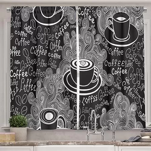 Lunarable Coffee Long Kitchen Curtains, Doodle Cafe Pattern with Heart Mocha Espresso Beverage Latte Curved Vibes Print, Two Panels Drapes with Rod Pocket Room Decor, 55" X 45", Black and White