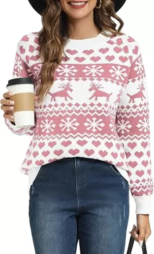 LYHNMW Women's Ugly Christmas Sweaters Snowflake Reindeer Long Sleeve Holiday Knit Xmas Sweater Pullover Tops