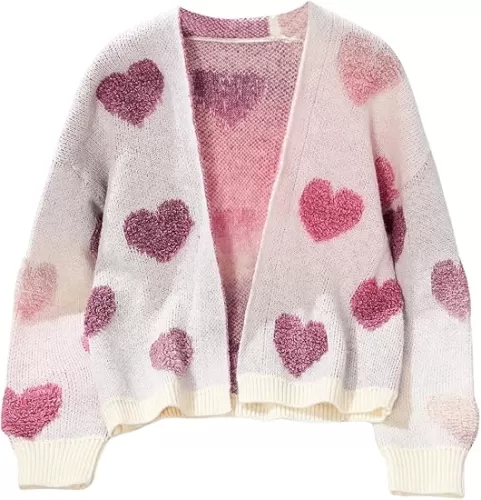 MakeMeChic Girl's Heart Print Open Front Long Sleeve Cardigan Sweater Drop Shoulder Cute Outerwear Knitwear