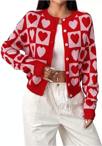 MakeMeChic Women's Plaid Heart Print Crew Neck Button Down Cardigan Sweaters Long Sleeve Cute Cardigan