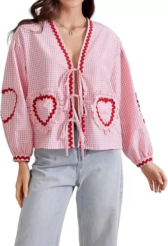 MakeMeChic Women's Plaid Print Heart Shaped Tie Front Blouses Long Puff Sleeve Cute Tops
