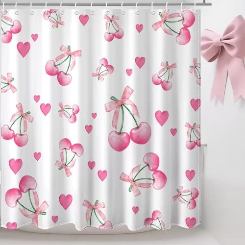 Mocsicka Pink Bow Shower Curtain, Cute Pink Bow Cherry Shower Curtain for Bow Bathroom Decor, Waterproof Fabric Sweet Heart Bath Curtain with 12 Hooks, 72 X 72 Inch