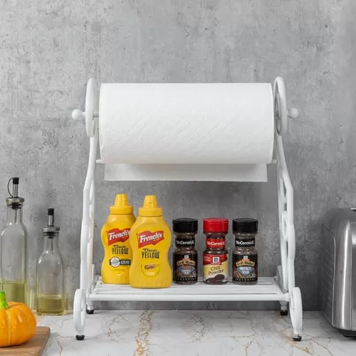 MyGift White Metal Paper Towel Holder Stand and Slatted Condiment Shelf Rack with Decorative Heart Scrollwork Design