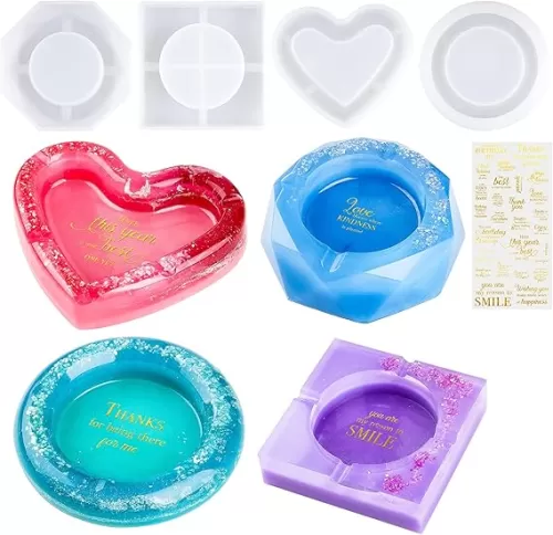 NiArt Ashtray Epoxy Resin Casting Silicone Molds, 4 Shapes Round/Square/Heart/Octagon Faceted Ashtray Resin Molds+Gold Scrapbook Stickers for DIY Craft Art Home Decoration Agate Ornament Jewelry Dish