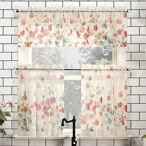 No. 918 Rosalind Watercolor Floral Semi-Sheer Rod Pocket Kitchen Curtain Valance and Tiers Set, 54" x 36", Poppy Red