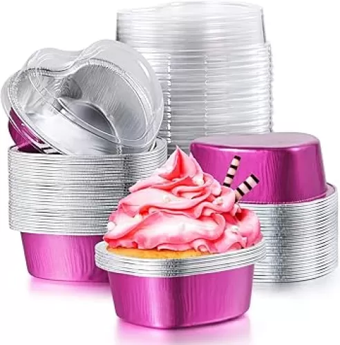Patelai 80 Sets Heart Shaped Cake Pans with Lids Rose Red Mini Aluminum Foil Pan 55 Ml/ 1.86 oz Valentine‘s Day Cupcake Disposable Aluminum Dessert Baking Cups Pans for Party