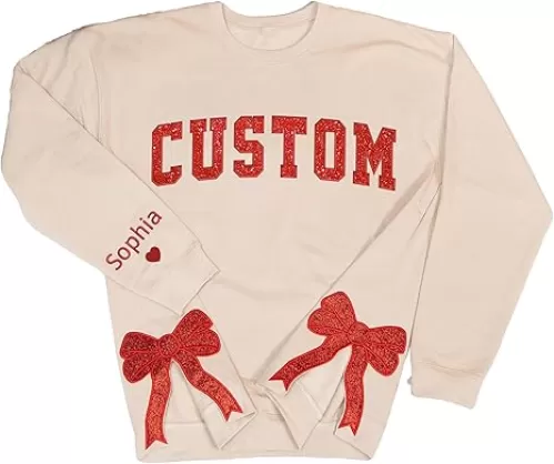 Personalized Embroidered Sweatshirt With Side Bow Applique, Customized Glitter Shirt With Text On Sleeve
