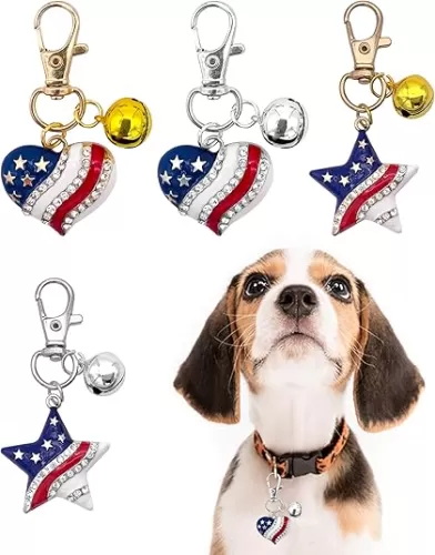 PET SHOW 4 Pack 4th of July Copper Bells for Small Dogs Cats Collar Charm Stars&Hearts American Flag Medium Large Dog Pet Pendant Accessories with Snap Clips Patriotic Rhinestone Keychain Bell