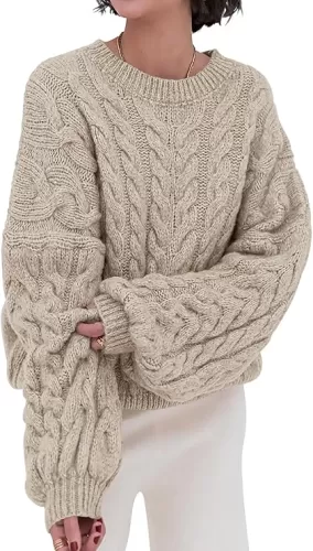 PRETTYGARDEN Womens Sweaters Spring 2025 Cable Knit Long Sleeve Crewneck Oversized Sweater Chunky Pullover Loose Outfits
