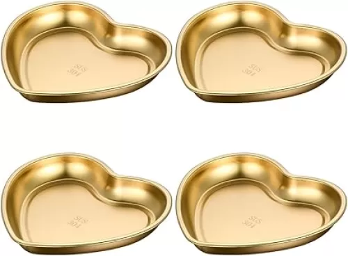 PRETYZOOM 4pcs Heart Shaped Dipping Bowl Set, Stainless Steel Dipping Plate, Grilling Sauce Holder, Seasoning Condiments Heart Tray (Small)