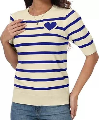 QIXING Pullover Women Short Sleeve Sweater Round Neck Heart-Shaped Sweater