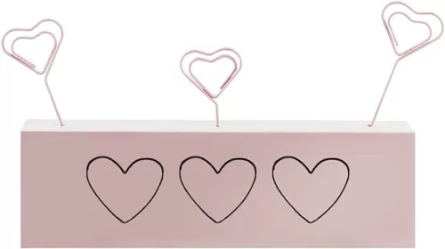 Rae Dunn Photo Holder Picture Display - Multiple Picture Holder for Desk, Table, Cubicle Shelf, Windowsill, Mantle - Cute Heart Shaped Wire Clips in a Decorative Wooden Block Stand - Pink with Hearts